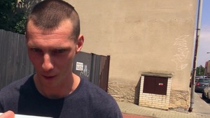 Tatted-up man pulls down his jeans and pounds outside